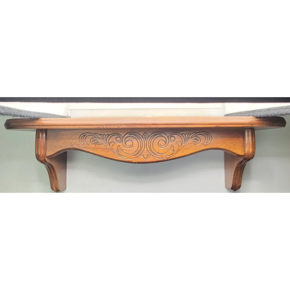 Vtg 970's-1980's Wooden Shelf with beautiful Floral Carved Detailed Sturdy